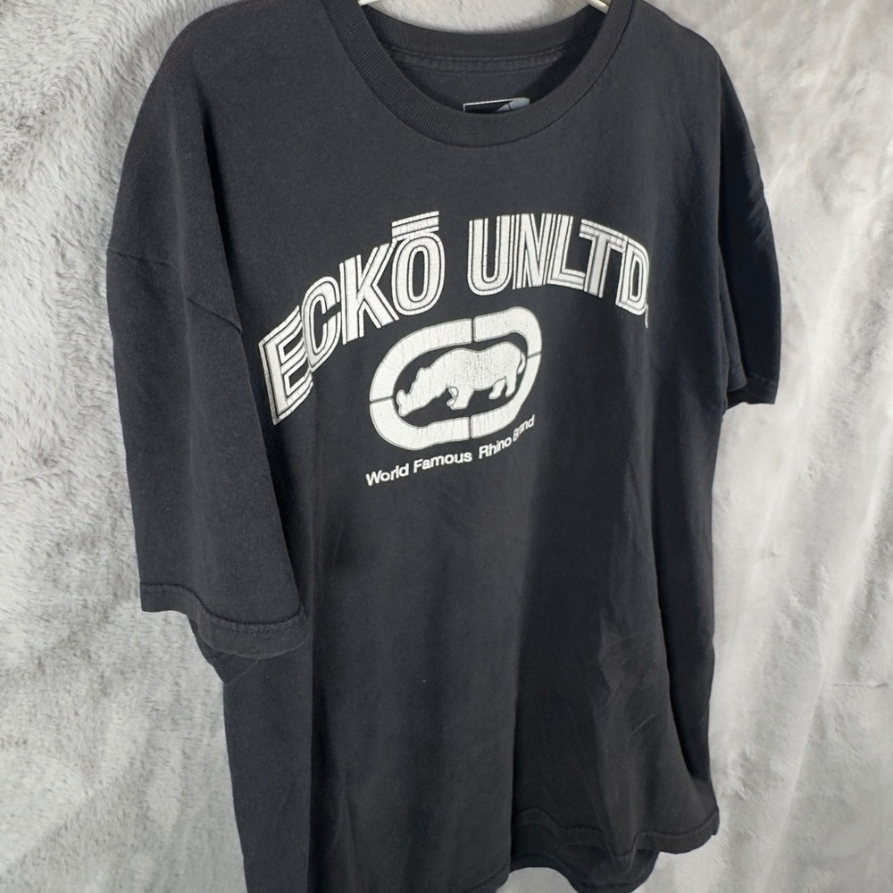 Ecko Unltd Mens Large Black Graphic‎ T-Shirt Rhino Logo World Famous Streetwear